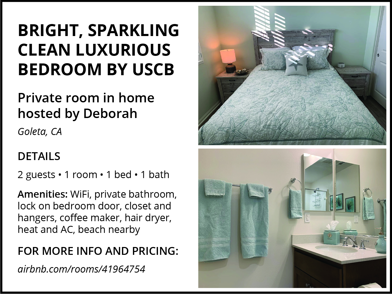 Bright, Sparkling Clean Luxurious Bedroom By UCSB hosted by Deborah