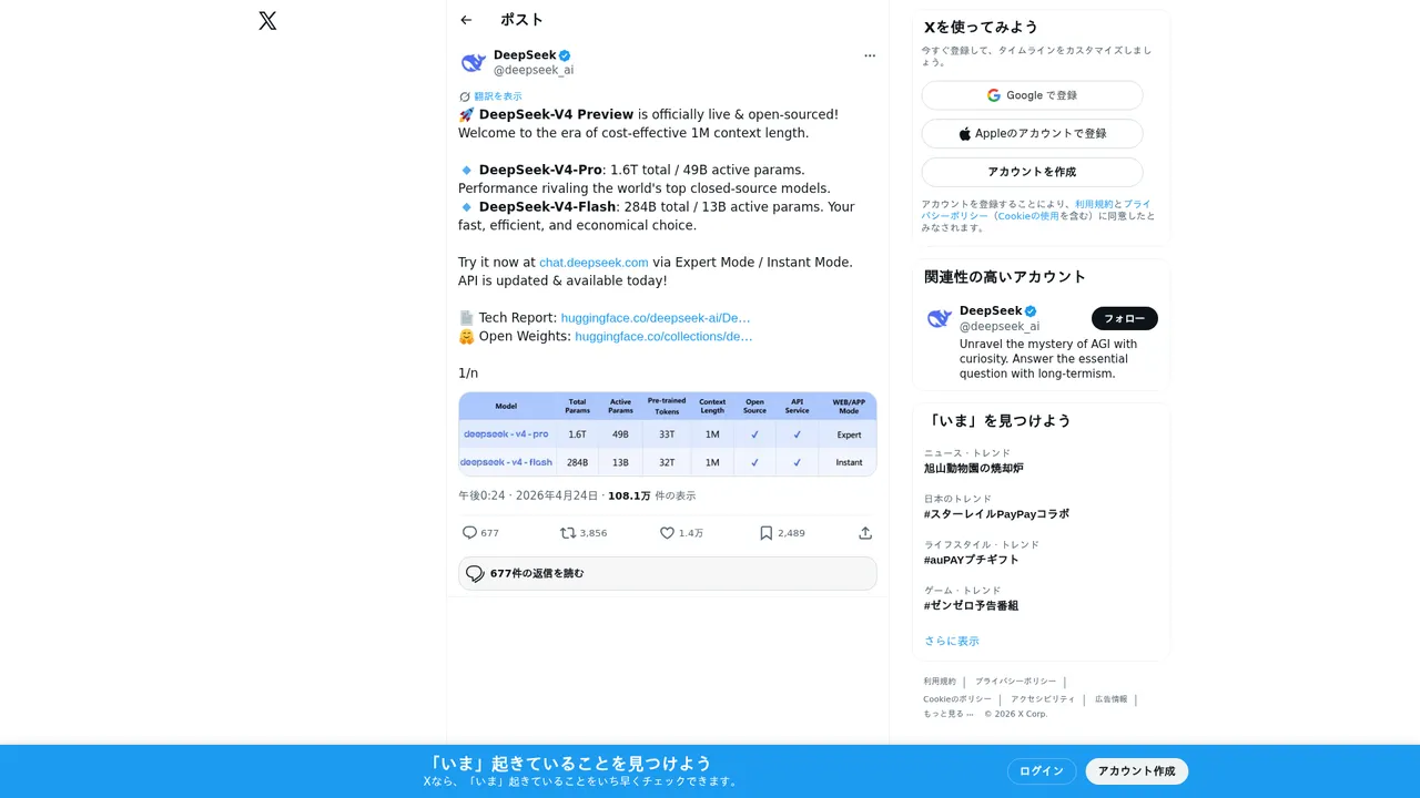 DeepSeek、1.6兆パラメータの「DeepSeek-V4」を公開。無料で利用可能に