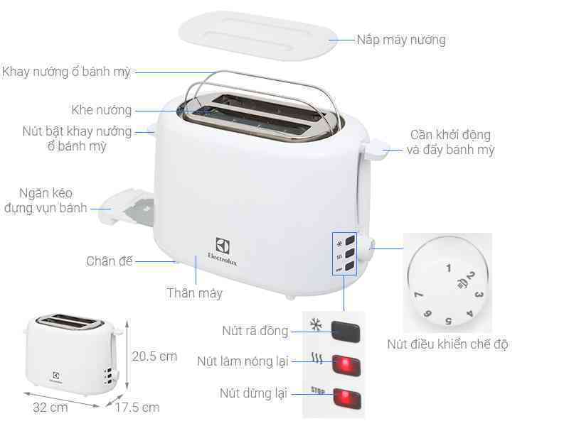 Máy nướng bánh mì Electrolux ETS1303W có nhiều chức năng vượt trội (Nguồn: dienmayxanh.com)