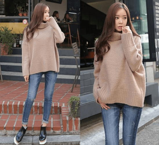 Cách phối đồ với áo len cổ lọ và skinny jeans