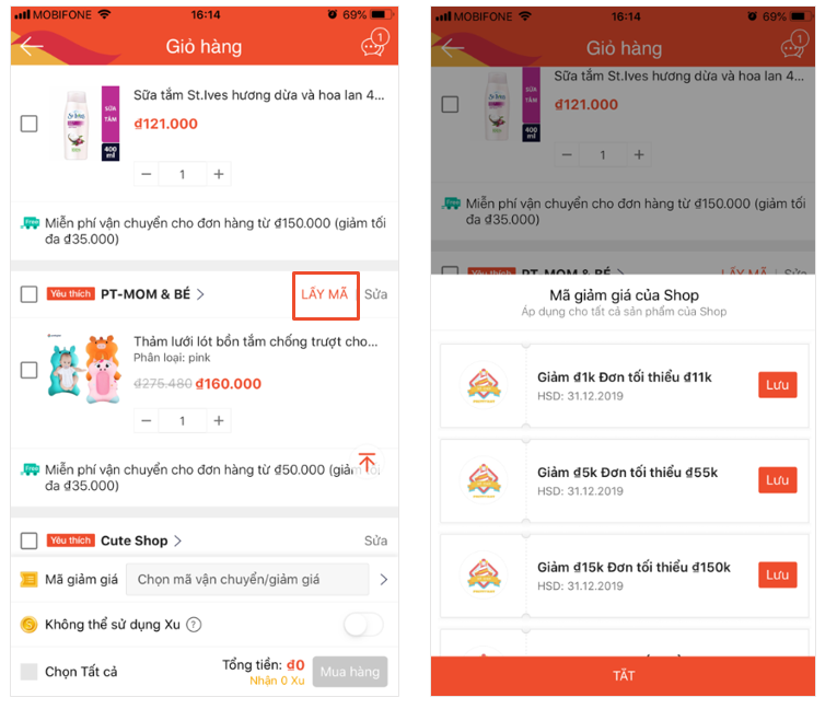 Người mua có thể lấy mã giảm giá tại giỏ hàng để có thể mua hàng với giá tốt hơn