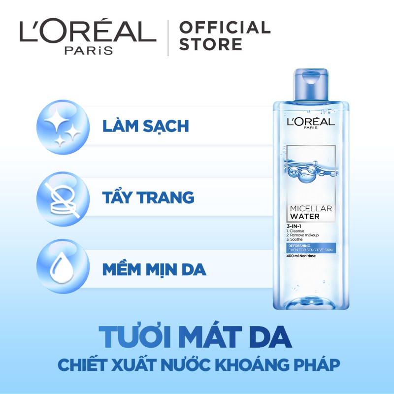 Review nước tẩy trang cho da dầu mụn tốt nhất - L'Oreal Paris 3-in-1 Micellar Water. 