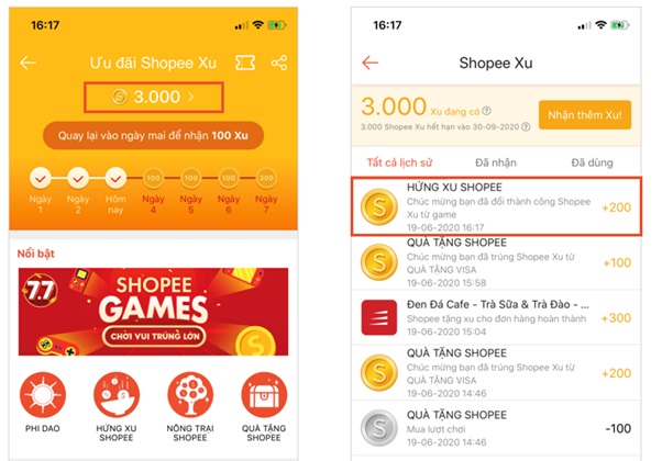 Kiểm tra giải thưởng Shopee game tại mục Shopee Xu.