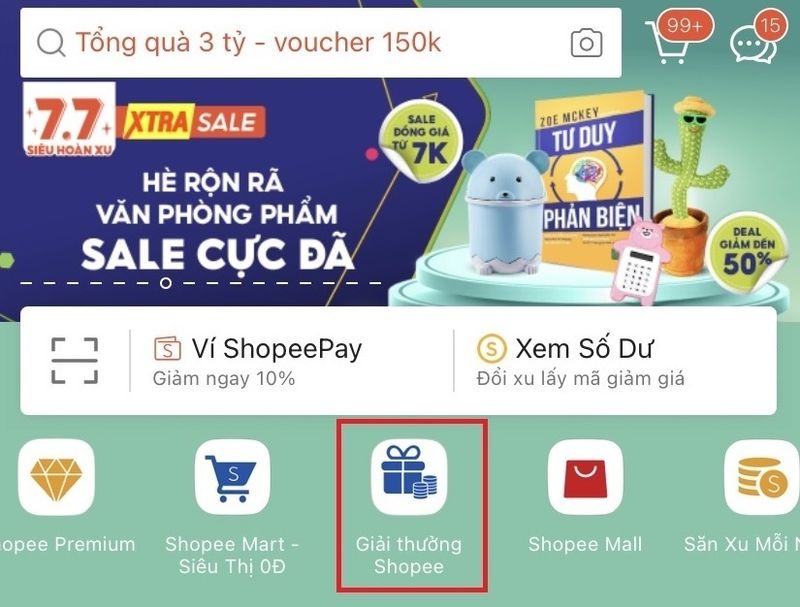 Nhấn chọn “Giải thưởng Shopee” để lựa chọn tựa game mà bạn muốn chơi.