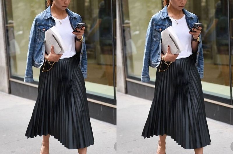 cách phối đồ giữa áo denim và chân váy xếp ly