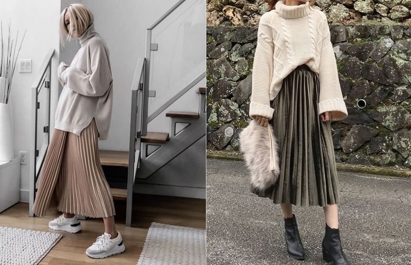 Gợi ý 12+ cách phối đồ với chân váy xếp ly dài mùa đông chuẩn Fashionista