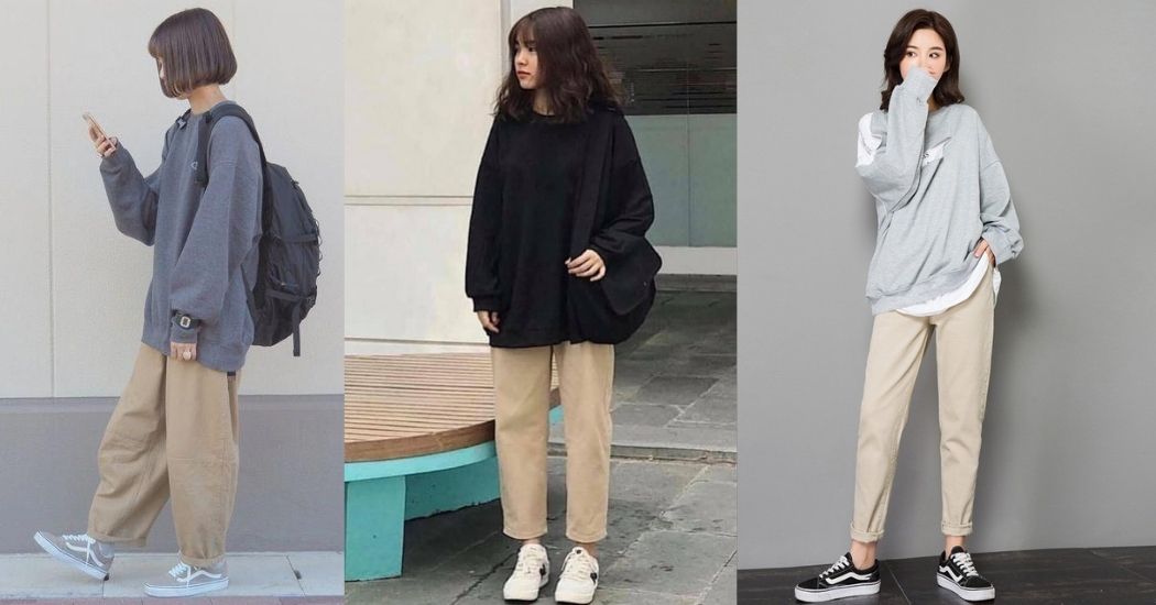 Áo sweater phối với quần baggy nữ