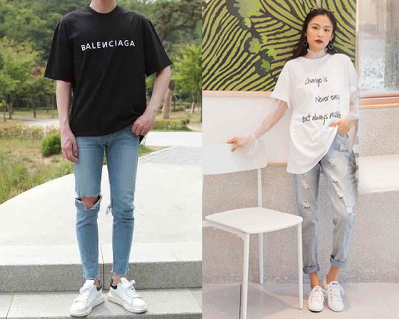 Quần Jean phối với áo phông oversize