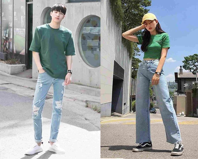 Phối quần jeans với áo thun gân