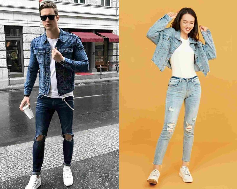 quần jean rách gối với áo khoác denim