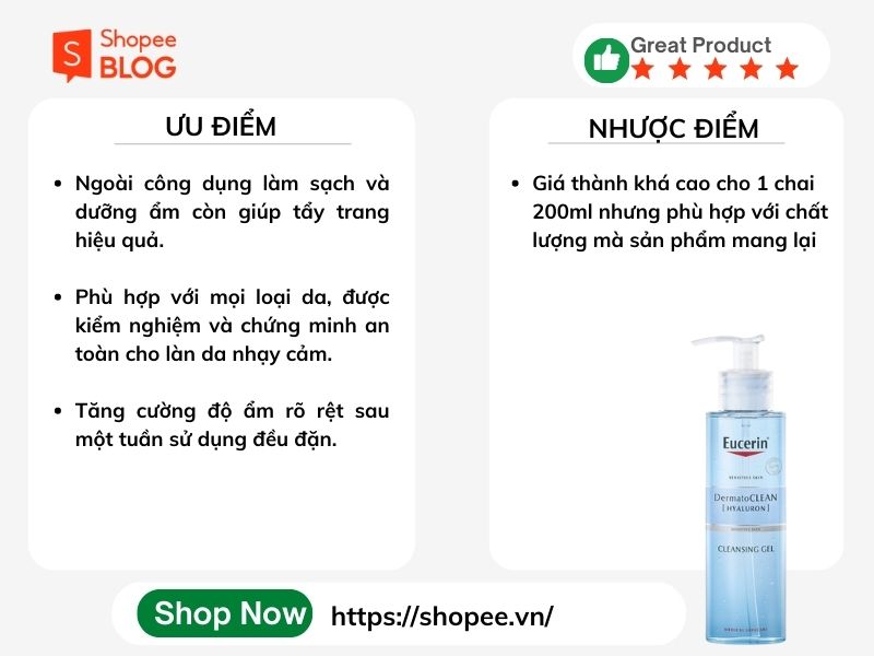 Ưu và nhược điểm Gel rửa mặt Eucerin DermatoClean Hyaluron Refreshing Cleansing