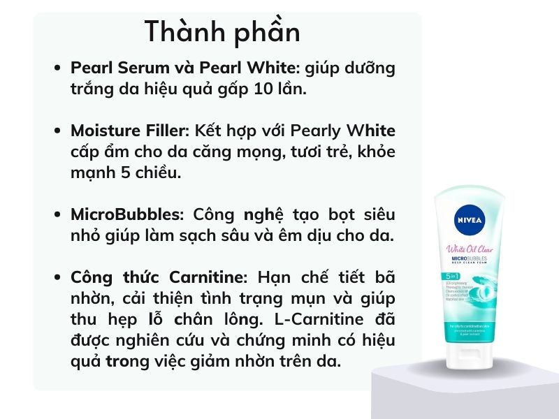 Thành phần sữa rửa mặt Nivea White Oil Clear MicroBubbles Deep Clean Foam 