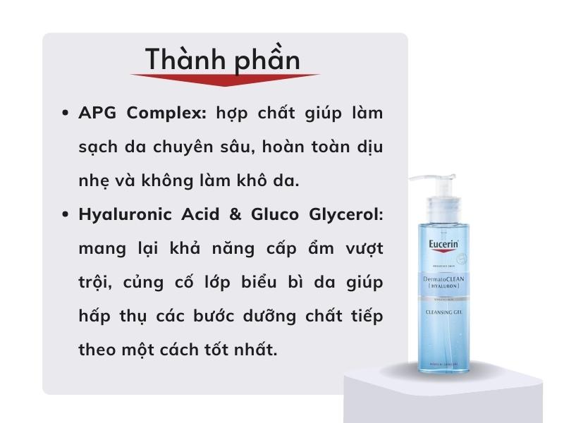 Thành phần của Gel rửa mặt Eucerin DermatoClean Hyaluron Refreshing Cleansing