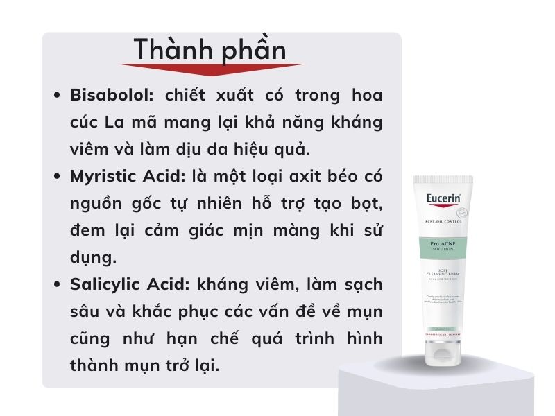 Bảng thành phần lành tính của sữa rửa mặt Eucerin Pro Acne Solution Cleansing Foam