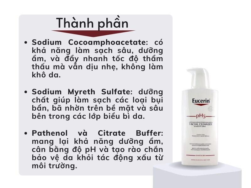 Bảng thành phần của sữa rửa mặt Eucerin pH5 Facial Cleanser Sensitive Skin