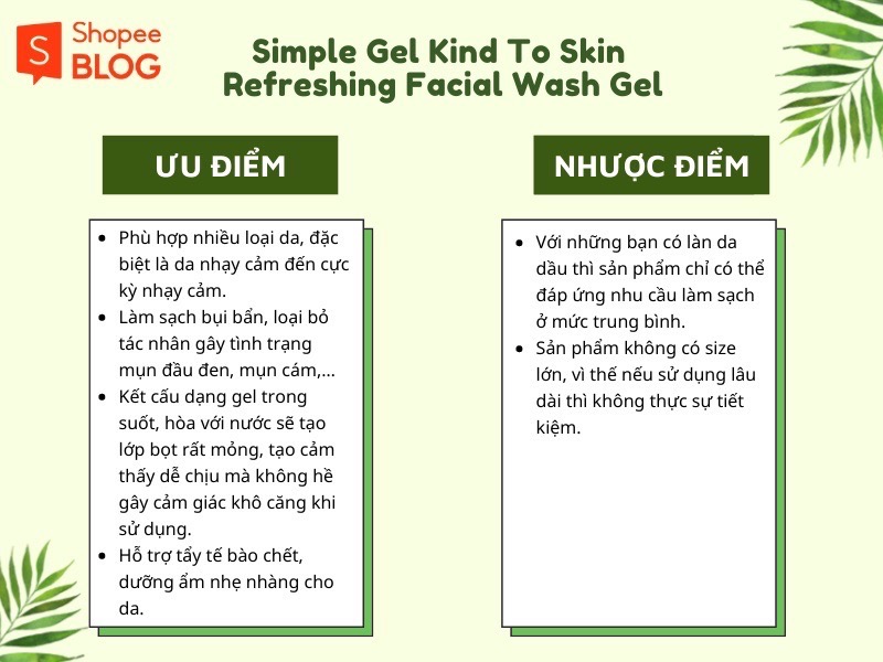 Ưu và nhược điểm sữa rửa mặt Simple Gel Kind To Skin Refreshing Facial Wash Gel.