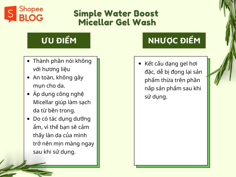 Ưu và nhược điểm sữa rửa mặt Simple Water Boost Micellar Gel Wash.