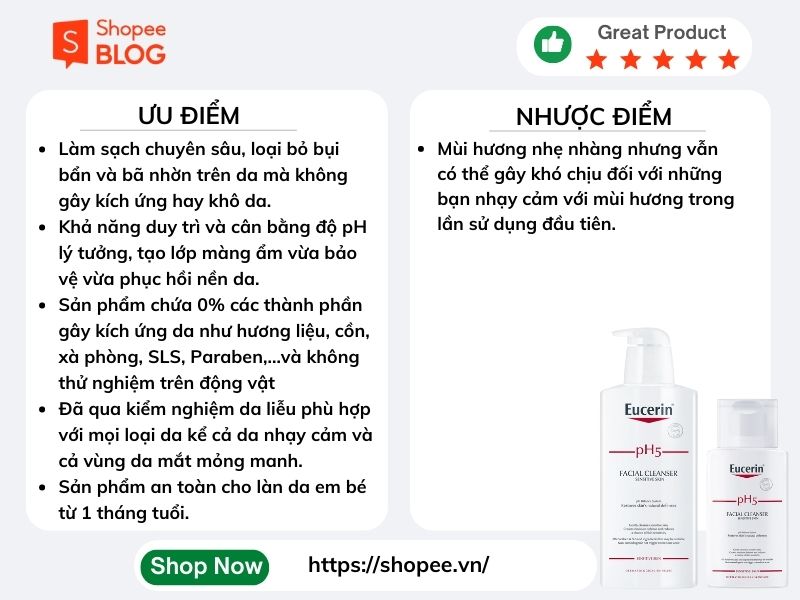 Ưu và nhược điểm của Eucerin pH5 Facial Cleanser Sensitive Skin