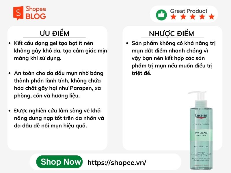 Ưu và nhược điểm của Eucerin Pro Acne Solution Cleansing Gel 