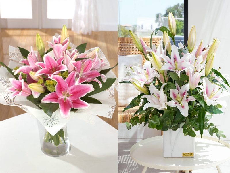 Cắm hoa ly trong bình trụ dáng thấp (Nguồn: angelasflorist.co.uk & flowers.ie)