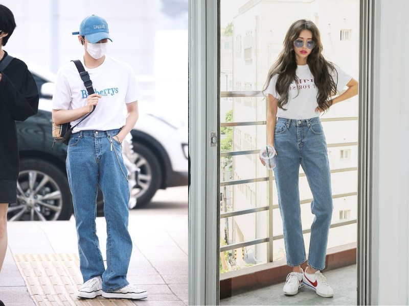 Quần jean phối với áo phông oversize và giày sneaker