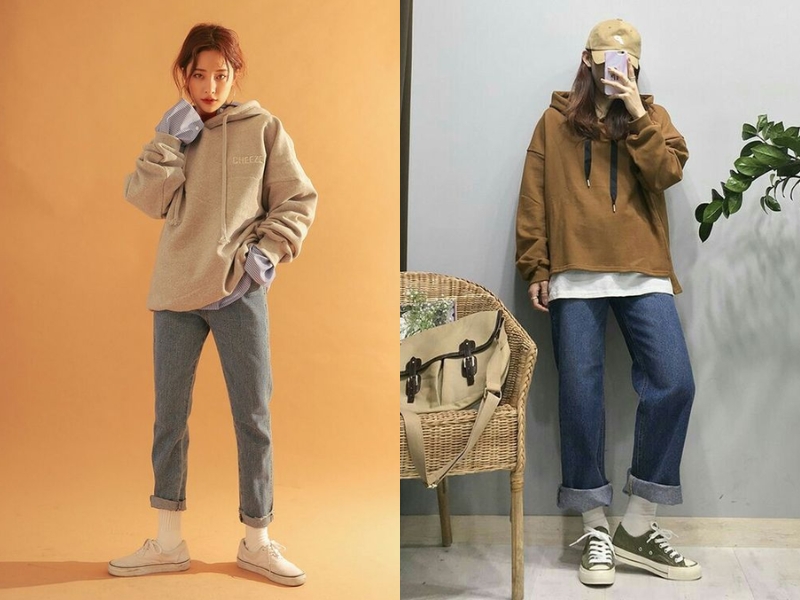 Áo hoodie phối với quần jean baggy năng động. (Nguồn: Shopee Blog)