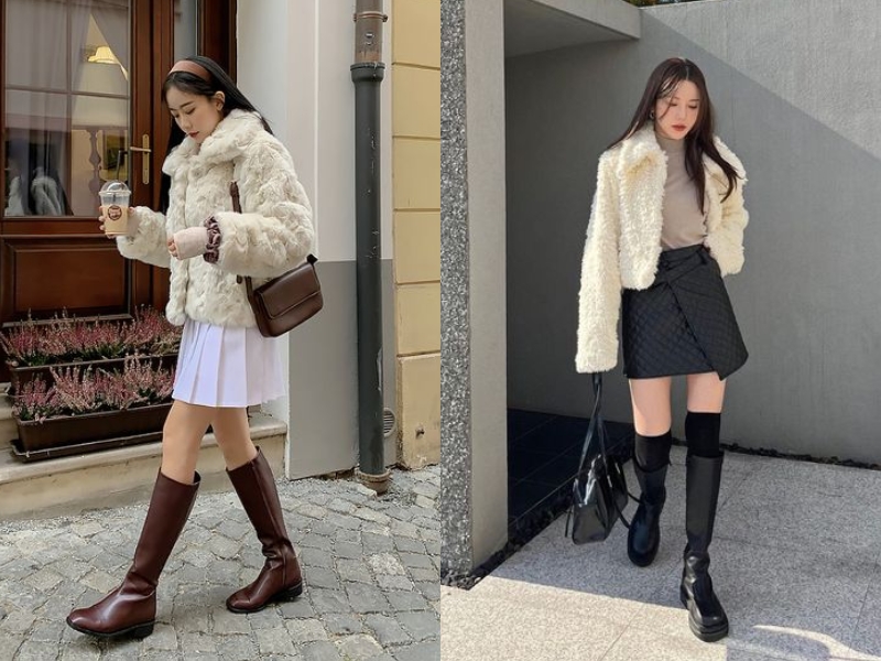 KÈM ẢNH THẬT) Set váy len tăm cổ lọ mix áo khoác lông túi hộp mùa đông Hàn  Quốc | Shopee Việt Nam