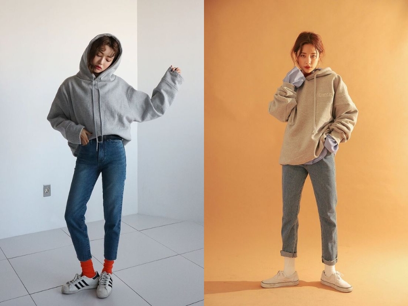Áo hoodie oversize phối cùng quần jean là outfit được giới trẻ cực kỳ ưa chuộng khi đi dạo phố. (Nguồn: Shopee.vn)