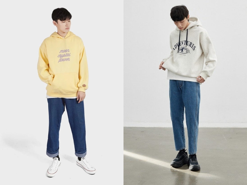 Mix áo hoodie nam với quần jean. (Nguồn: Shopee Blog)