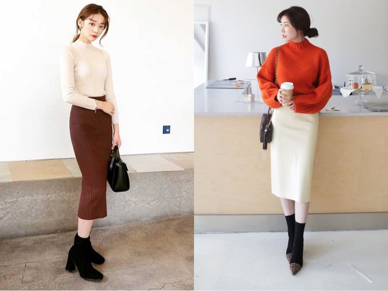 Sành điệu với set đồ áo len và chân váy bút chì (Nguồn: Shopee Blog)