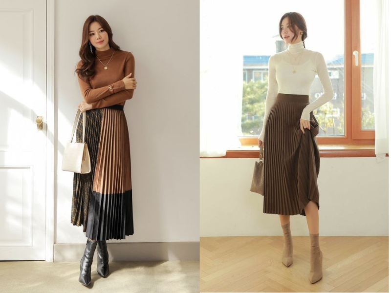 Nhẹ nhàng, nữ tính với chân váy dài xếp ly và áo len (Nguồn: Shopee Blog)