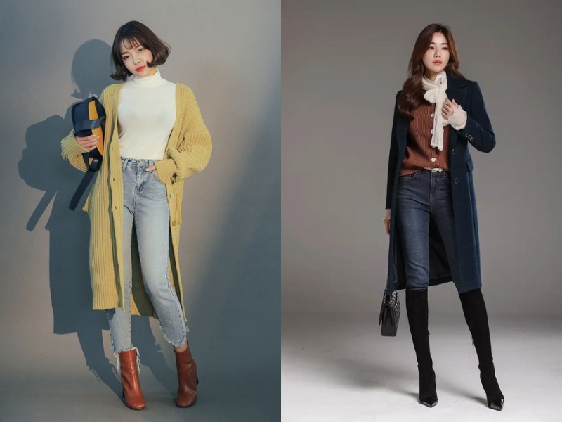 Phối áo khoác dáng dài với quần jean và boots rất năng động cho các bạn nữ (Nguồn: Shopee Blog)