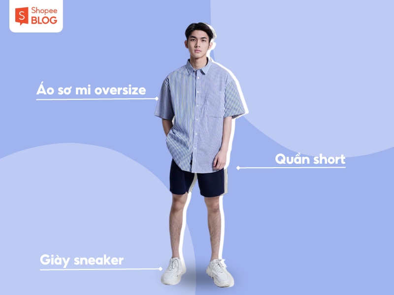 Áo sơ mi oversize phối cùng quần short và giày sneaker (Nguồn: Shopee Blog)