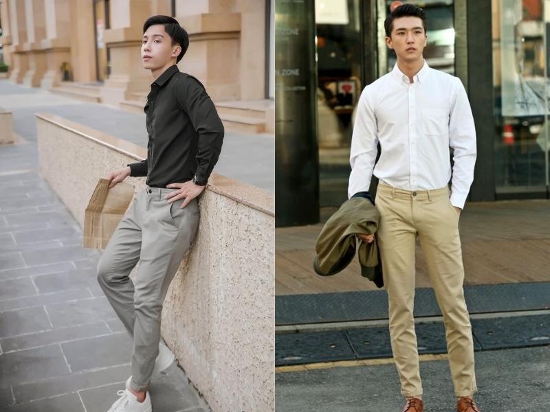 Quần kaki phối cùng áo sơ mi sẽ mang lại vẻ ngoài lịch thiệp cho bạn (Nguồn: Shopee Blog)