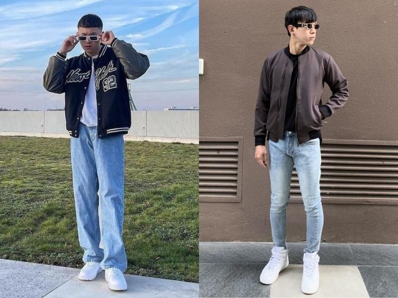 Quần jean nam phối cùng áo khoác bomber bụi bặm (Nguồn: Shopee Blog)