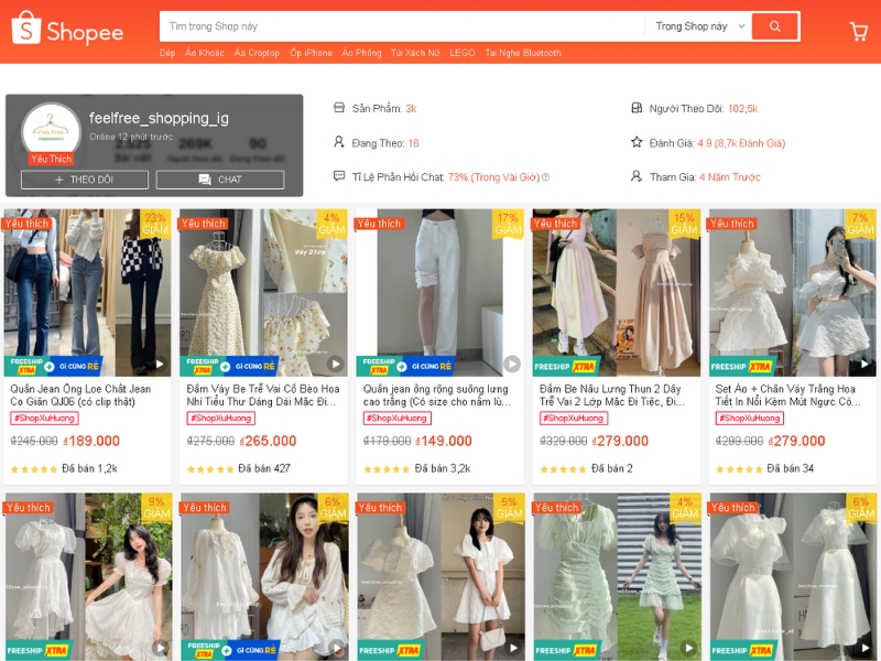 Gian hàng Feelfree Shopping trên Shopee (Nguồn: Shopee Blog)