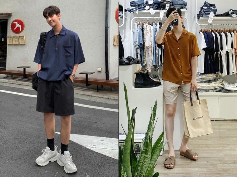 Outfit phối đồ với quần short và áo sơ mi ngắn tay (Nguồn: Shopee Blog)