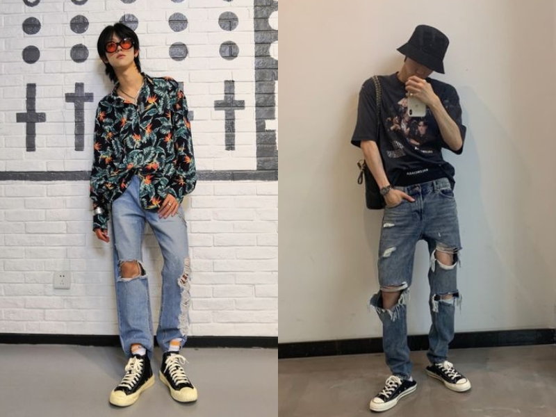 Phối quần jean rách với áo hoạ tiết (Nguồn: Shopee Blog)