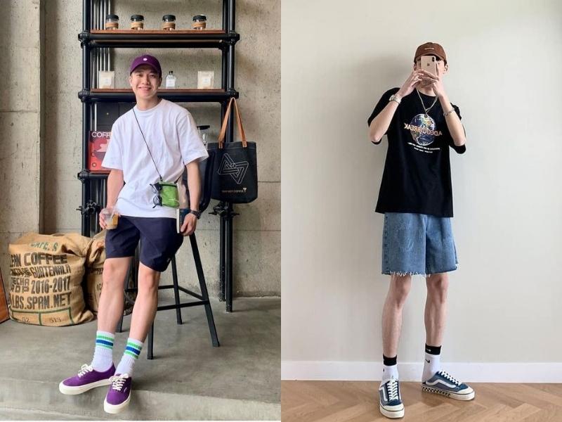 Quần short kết hợp cùng áo thun và giày sneaker tạo nên set đồ nam năng động (Nguồn: Shopee Blog)