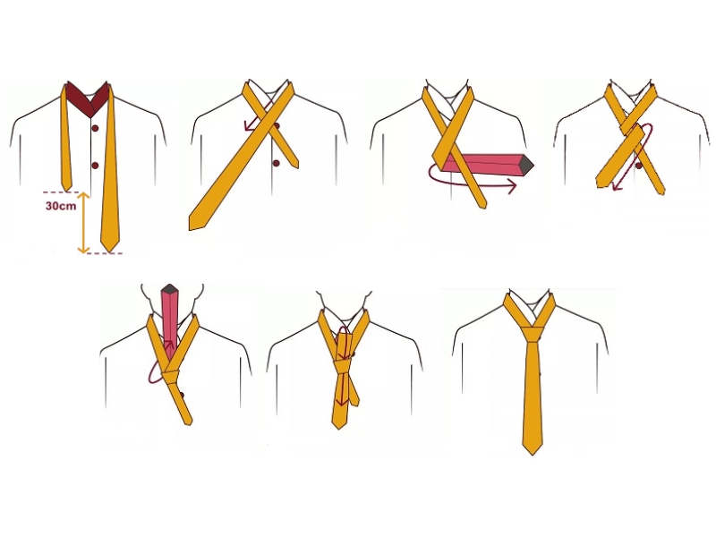 Các bước trong cách thắt cà vạt vest Four-in-hand (Nguồn: ties.com)