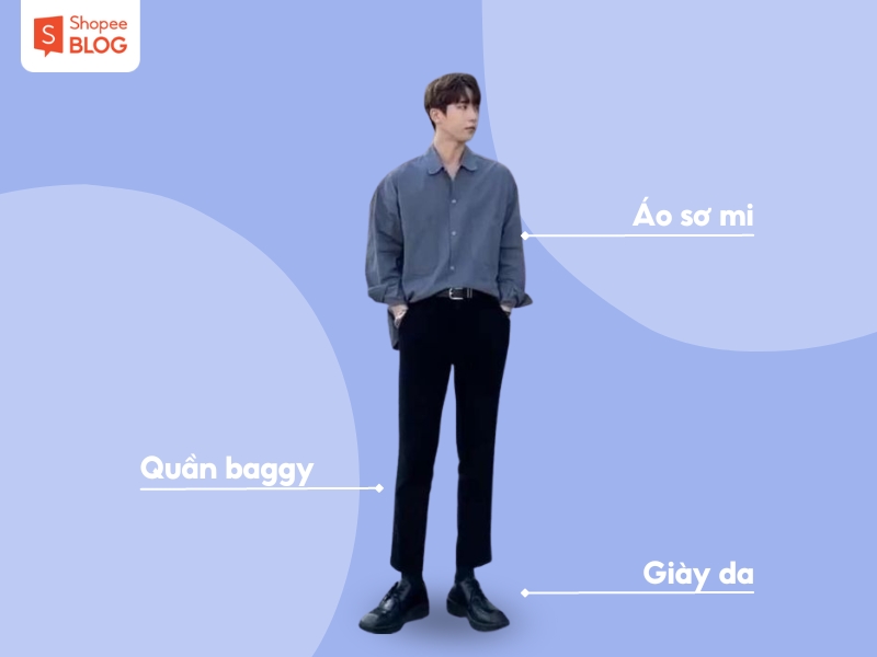 Phối đồ công sở với áo sơ mi và quần baggy (Nguồn: Shopee Blog)