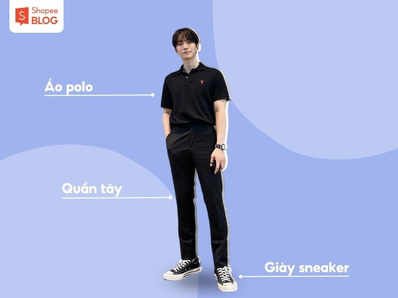 Phối đồ Hàn Quốc nam với áo polo và quần kaki (Nguồn: Shopee Blog)