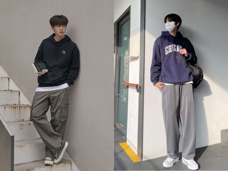 Áo hoodie là lựa chọn phù hợp khi phối cùng quần ống rộng vào ngày lạnh (Nguồn: lemenne.kr và tiktok.com)