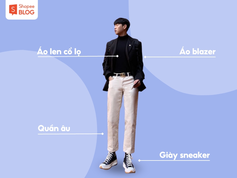 Phối đồ đi Đà Laht nam với áo len cổ lọ, áo khoác blazer và quần âu 