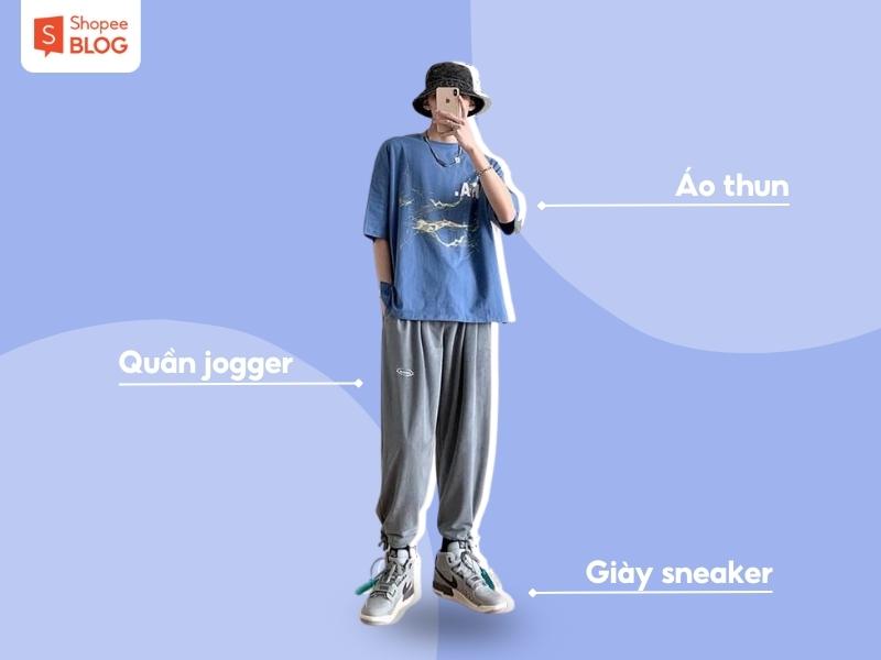 Đơn giản nhưng năng động với áo thun ngắn tay và quần jogger (Nguồn: Shopee Blog)