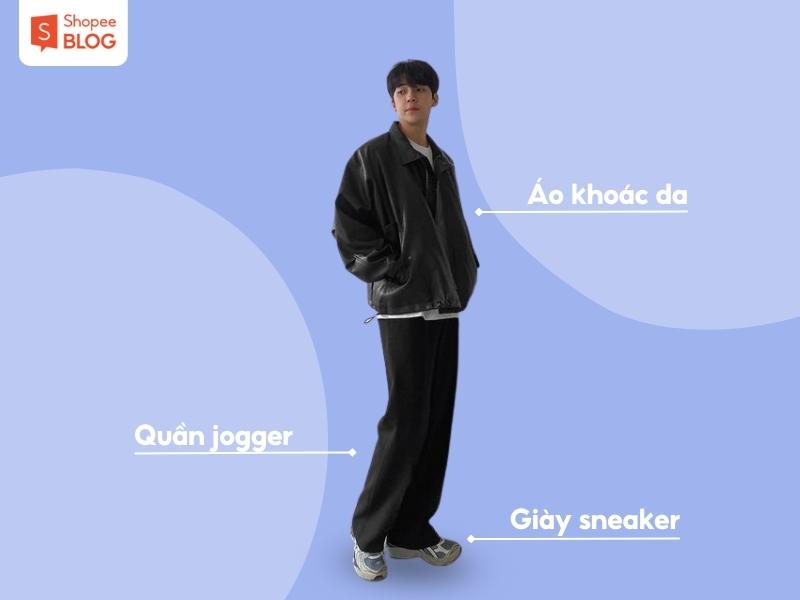 Phối đồ với áo khoác da và quần jogger