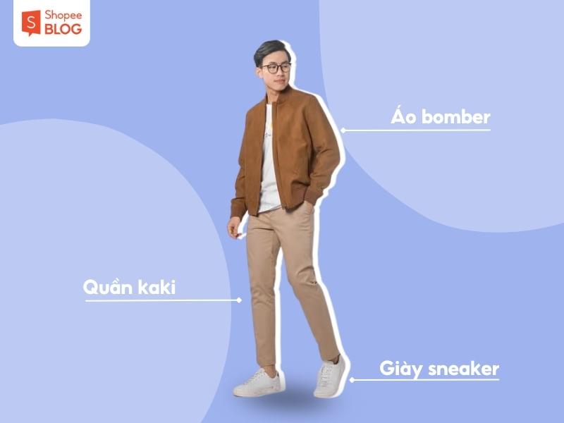 Phối đồ nam Hàn Quốc với áo khoác bomber và quần kaki