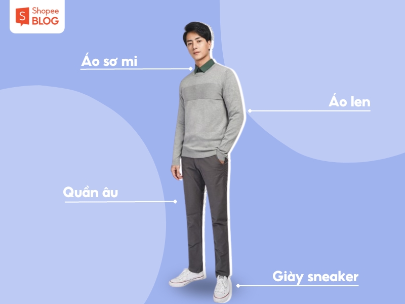 Outfit đi Đà Lạt nam với áo len và áo sơ mi (Nguồn: Shopee Blog)