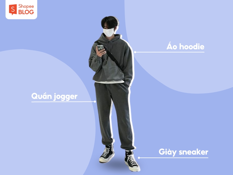 Style Đà Lạt nam với áo hoodie và quần jogger (Nguồn: Shopee Blog)