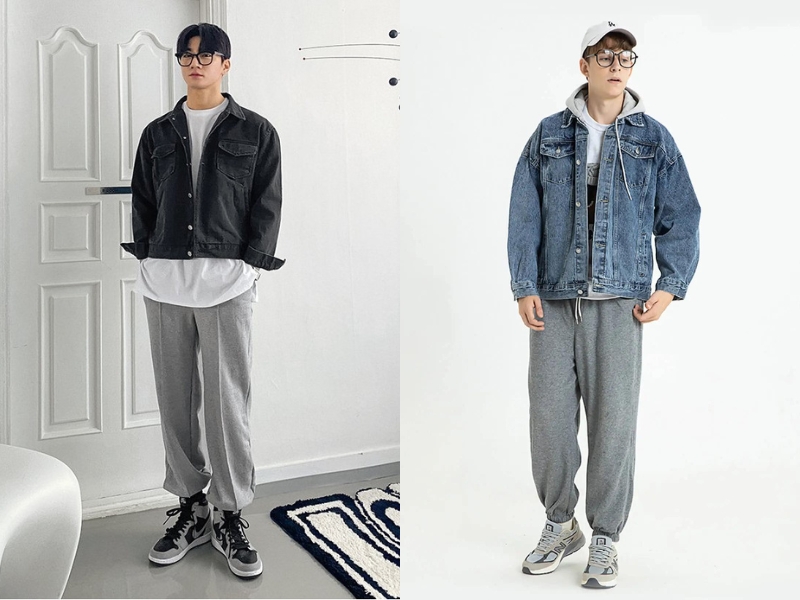 Áo khoác jean nam với quần jogger tạo nên trang phục năng động (Nguồn: Kooding, 3ststreetwear)